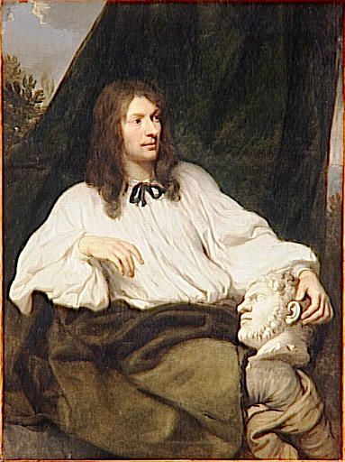 Portrait of a Man Holding a Bust of Caracalla, vintage artwork by Attributed to Sebastien Bourdon, 12x8" (A4) Poster