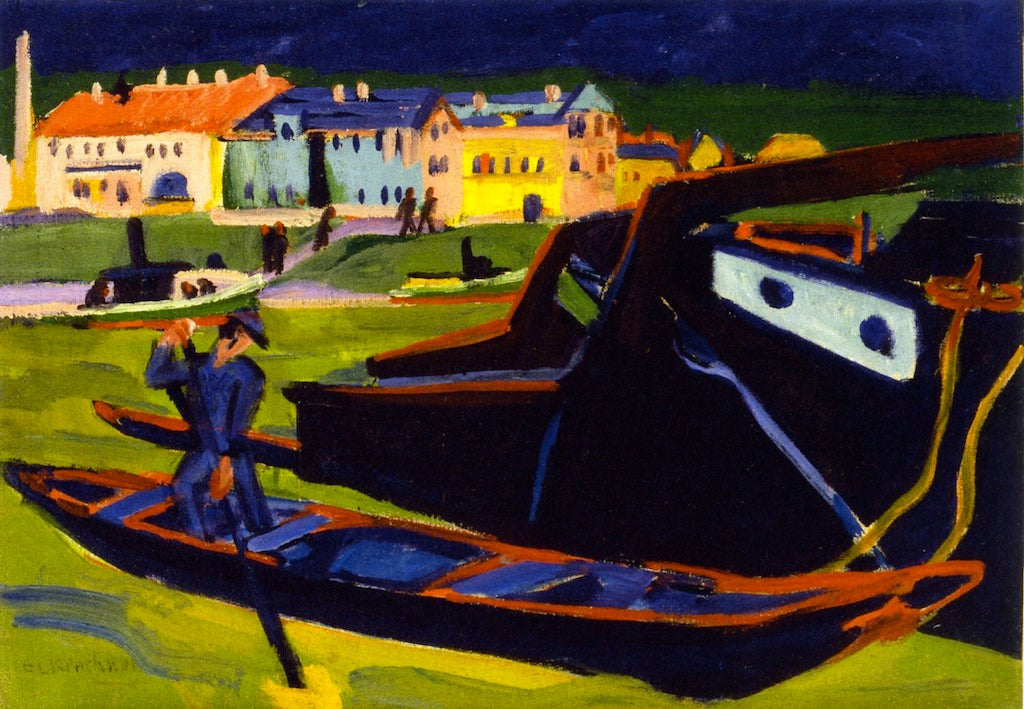 Boats on the Elbe near Dresden, vintage artwork by Ernst Ludwig Kirchner, 12x8" (A4) Poster