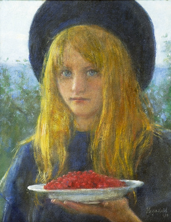 Girl with red currants, vintage artwork by Hans Heyerdahl, 12x8" (A4) Poster