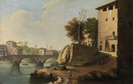 Tiber Bridge in Rome with a View to the Ponte Sisto and the Facade of the Farnesia, vintage artwork by Paolo Anesi, 12x8" (A4) Poster