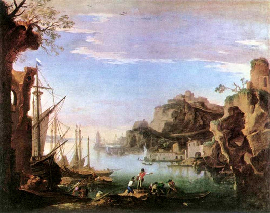 Harbour with Ruins, vintage artwork by Salvator Rosa, 12x8" (A4) Poster