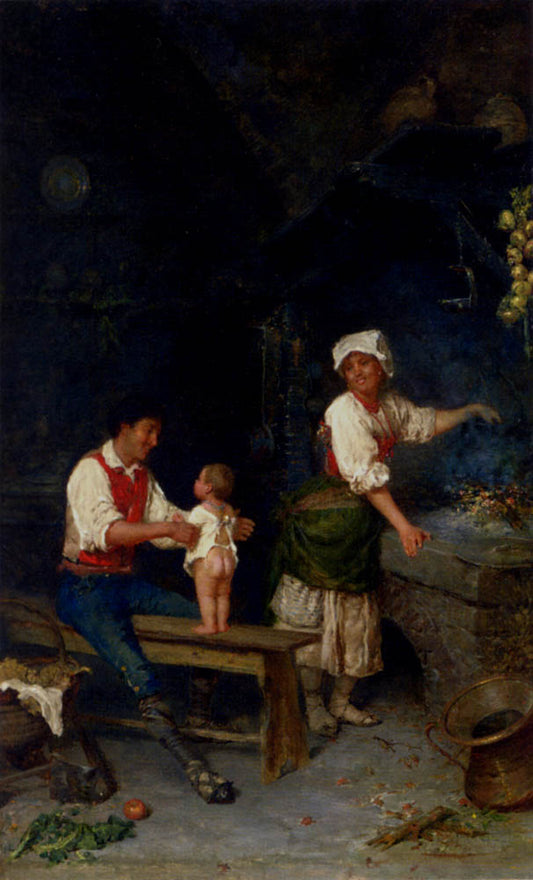 Family Time in the Kitchen, vintage artwork by Francesco Bergamini, A3 (16x12") Poster Print