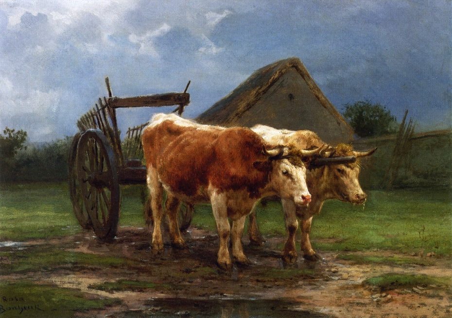 Oxen Pulling a Cart, vintage artwork by Rosa Bonheur, 12x8" (A4) Poster