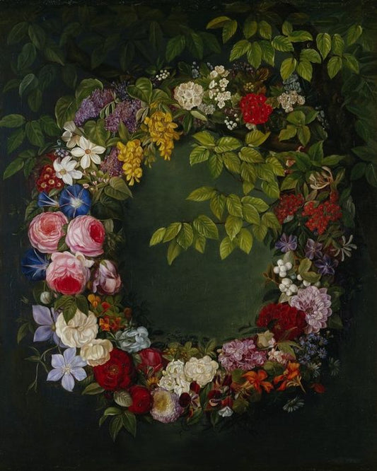 A garland of roses, honeysuckle, morning glory, narcissus and other flowers, vintage artwork by Johan Laurentz (J.L.) Jensen, A3 (16x12") Poster Print