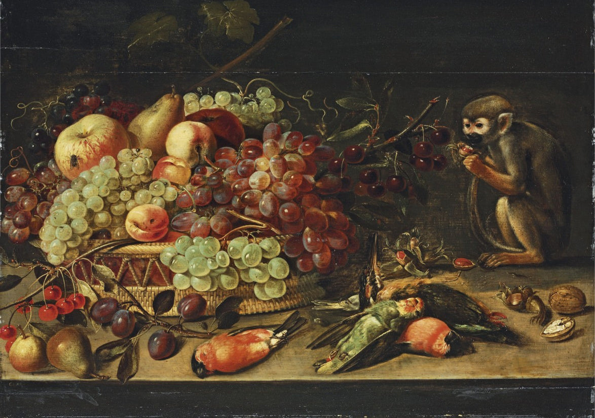 Apples, cherries, apricots and other fruit and a monkey eating nuts on a table, vintage artwork by Clara Peeters, 12x8" (A4) Poster