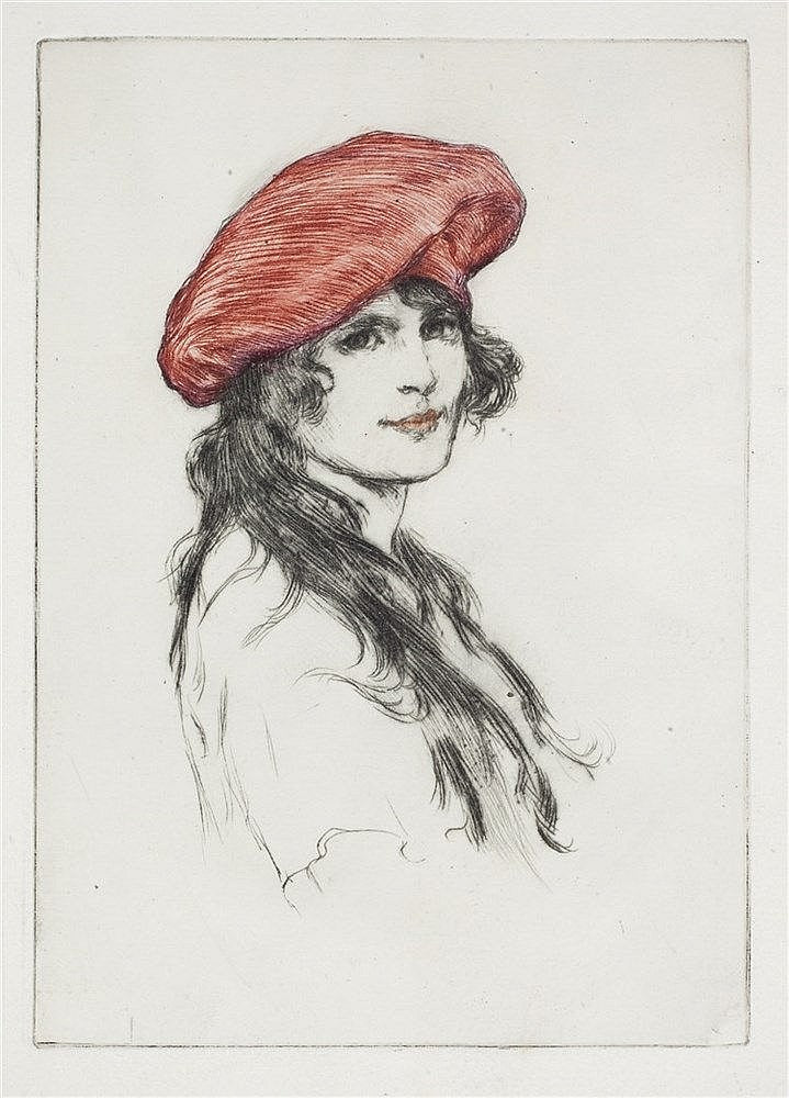 ortrait of a Women in a Red Beret by William Henry Margetson,A3(16x12")Poster