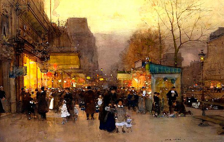Porte St Martin At Christmas Time In Paris, vintage artwork by Luigi Loir, 12x8" (A4) Poster