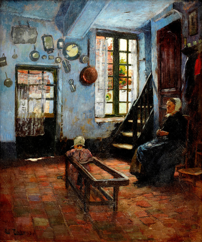 Baby sitter, Interior with Child and Woman, vintage artwork by Fritz Thaulow, 12x8" (A4) Poster
