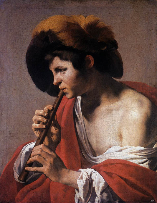 Boy Playing a Flue, vintage artwork by Hendrick Terbrugghen, 12x8" (A4) Poster