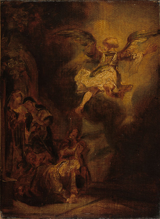 The Angel Leaving Tobias and His Family, after Rembrandt, vintage artwork by Attributed to Richard Parkes Bonington, A3 (16x12") Poster Print