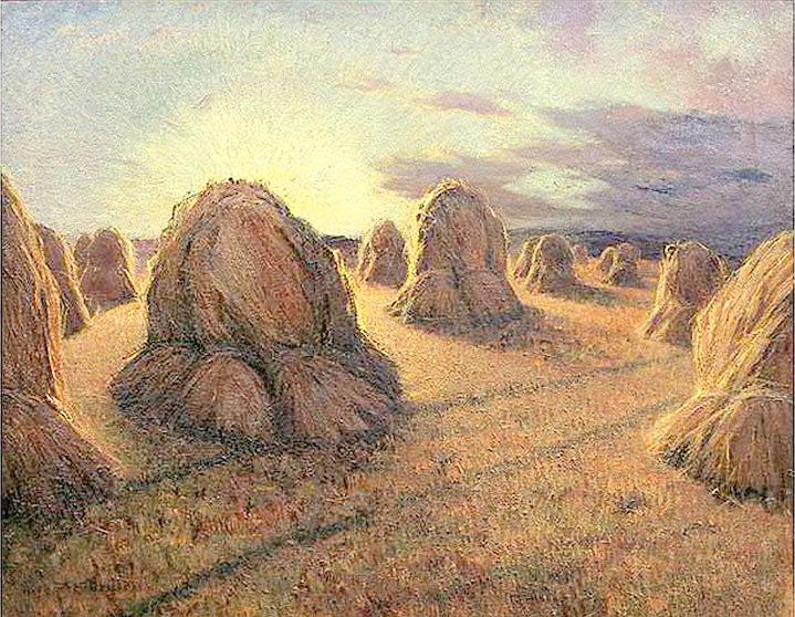 Haystacks at Sunset, vintage artwork by Pierre Prins, 12x8" (A4) Poster