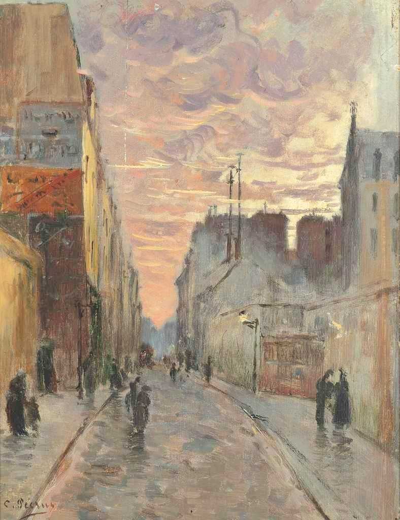 A Bustling Street at Dusk, vintage artwork by Charles François Pecrus, 12x8" (A4) Poster