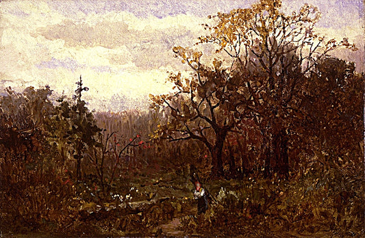 Landscape - Woman Carrying Wood, vintage artwork by Edward Mitchell Bannister, 12x8" (A4) Poster
