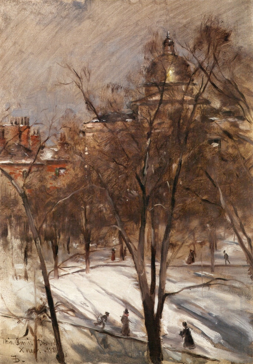 Boston Common in Winter, vintage artwork by Frank Duveneck, 12x8" (A4) Poster
