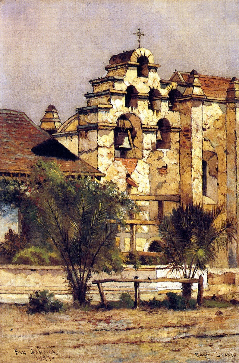 San Gabriel Mission Bell Tower, vintage artwork by Edwin Deakin, 12x8" (A4) Poster
