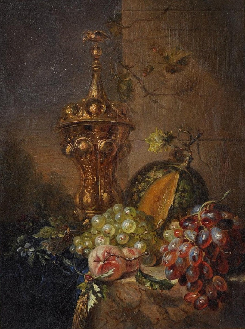 Still life with grapes, pumpkin and peach, vintage artwork by Adriana Johanna Haanen, A3 (16x12") Poster Print