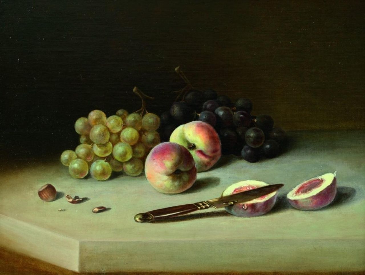 Still-life with Grapes, Peaches and Hazelnut, vintage artwork by Johann Wilhelm Preyer, A3 (16x12") Poster Print