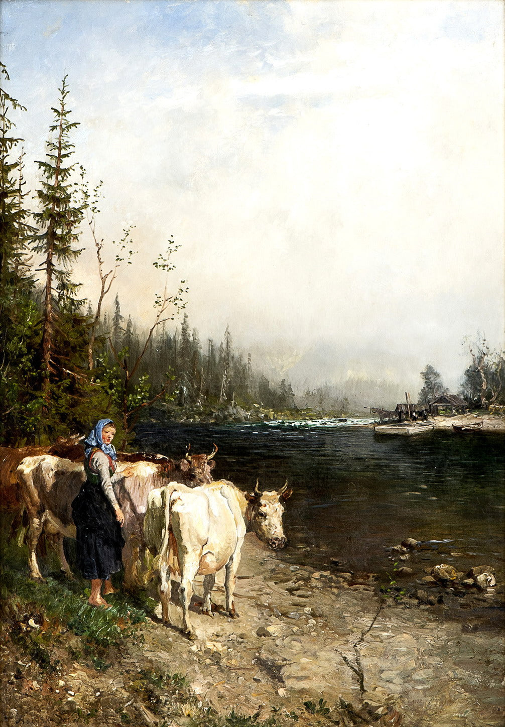 Milkmaid with Cows by  Riverbank, vintage artwork by Anders Monsen Askevold, 12x8" (A4) Poster