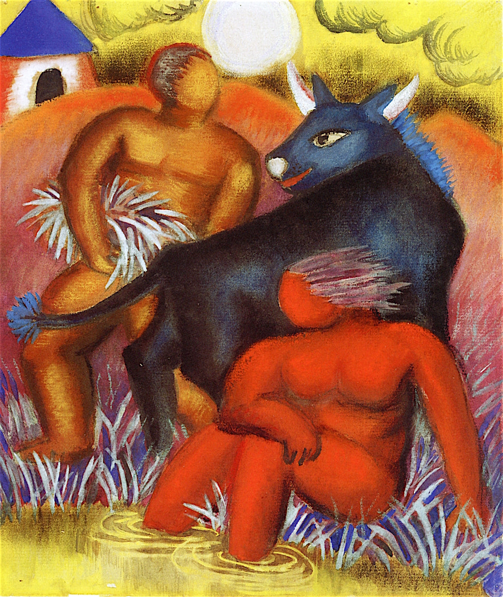 People with Cow, vintage artwork by Maria Uhden, 12x8" (A4) Poster