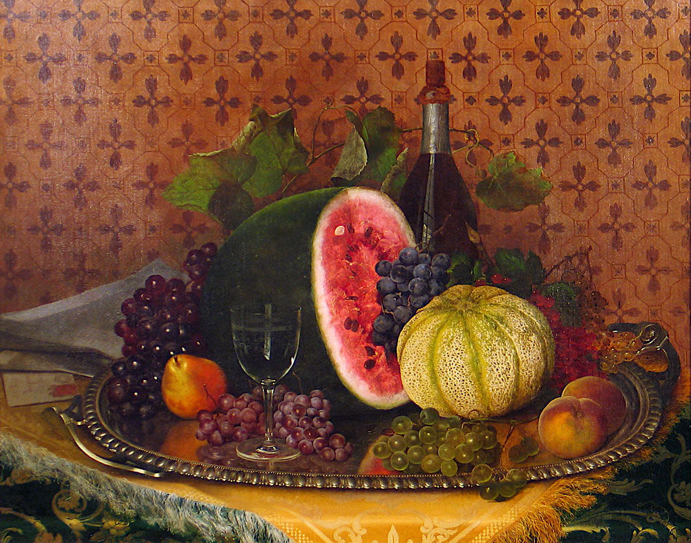 Still Life with Champagne and Silver Tray, vintage artwork by William Mason Brown, 12x8" (A4) Poster