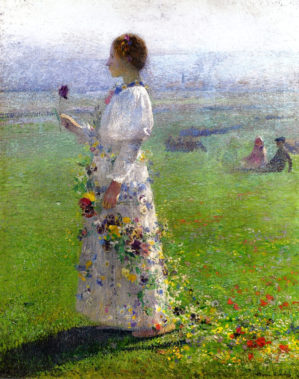 Beautiful Girl Walking through the Field, a Flower in His Hand, vintage artwork by Henri Martin, 12x8" (A4) Poster