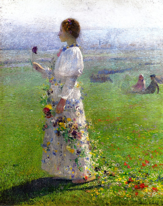 Beautiful Girl Walking through the Field, a Flower in His Hand, vintage artwork by Henri Martin, 12x8" (A4) Poster