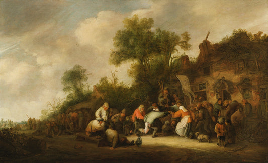 Peasants Dancing and Carousing outside a Village Inn, vintage artwork by Isaac van Ostade, 12x8" (A4) Poster