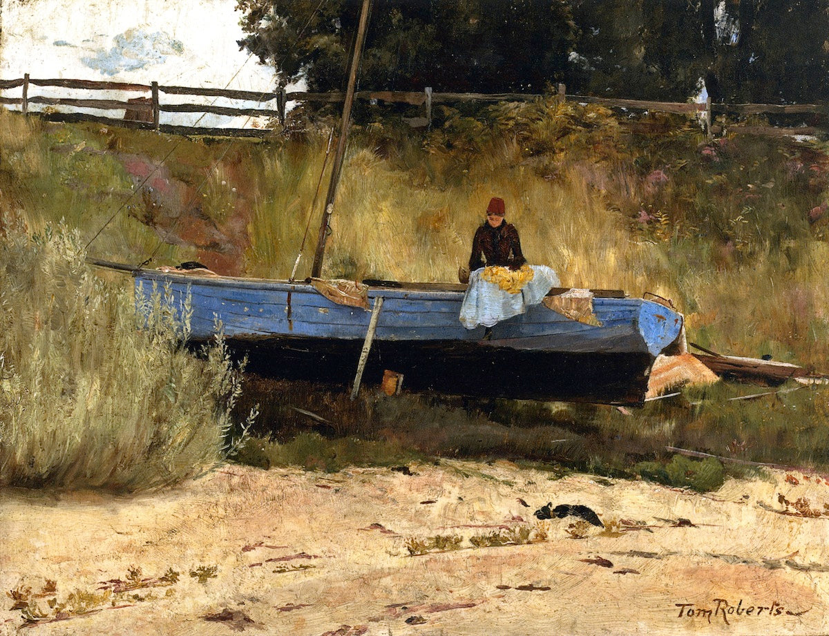 Boat on Beach, Queenscliff, vintage artwork by Tom Roberts, 12x8" (A4) Poster