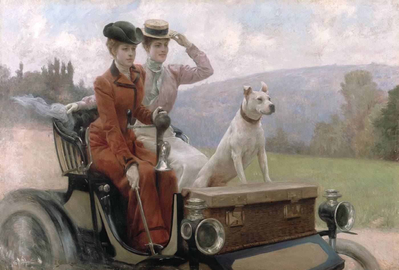 Les Dames Goldsmith au bois de Boulogne en 1897 sur une voiturette, vintage artwork by Julius LeBlanc Stewart, 12x8" (A4) Poster