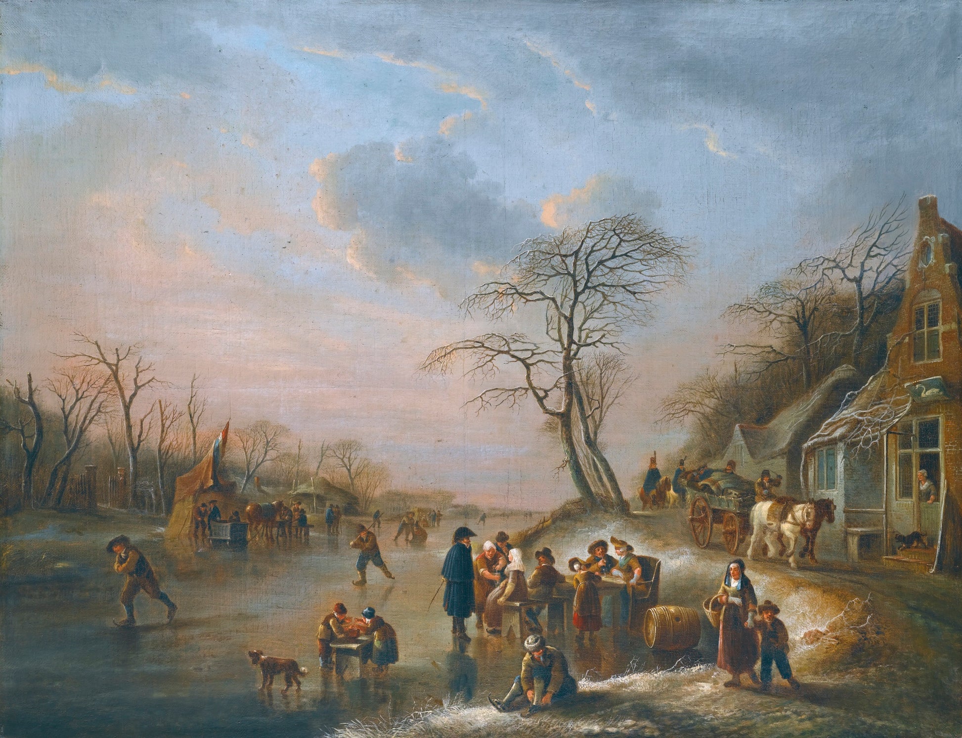 A winter landscape with figures seated outside a tavern on the frozen river, vintage artwork by Andries Vermeulen, 12x8" (A4) Poster