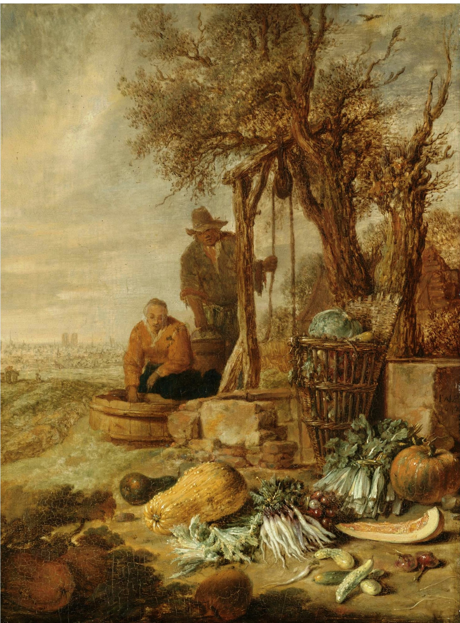 A Peasant Couple by  a Well with a Distant View of Paris, vintage artwork by Willem Kalf, 12x8" (A4) Poster