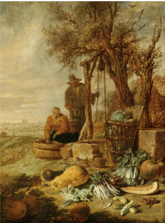 A Peasant Couple by  a Well with a Distant View of Paris, vintage artwork by Willem Kalf, 12x8" (A4) Poster