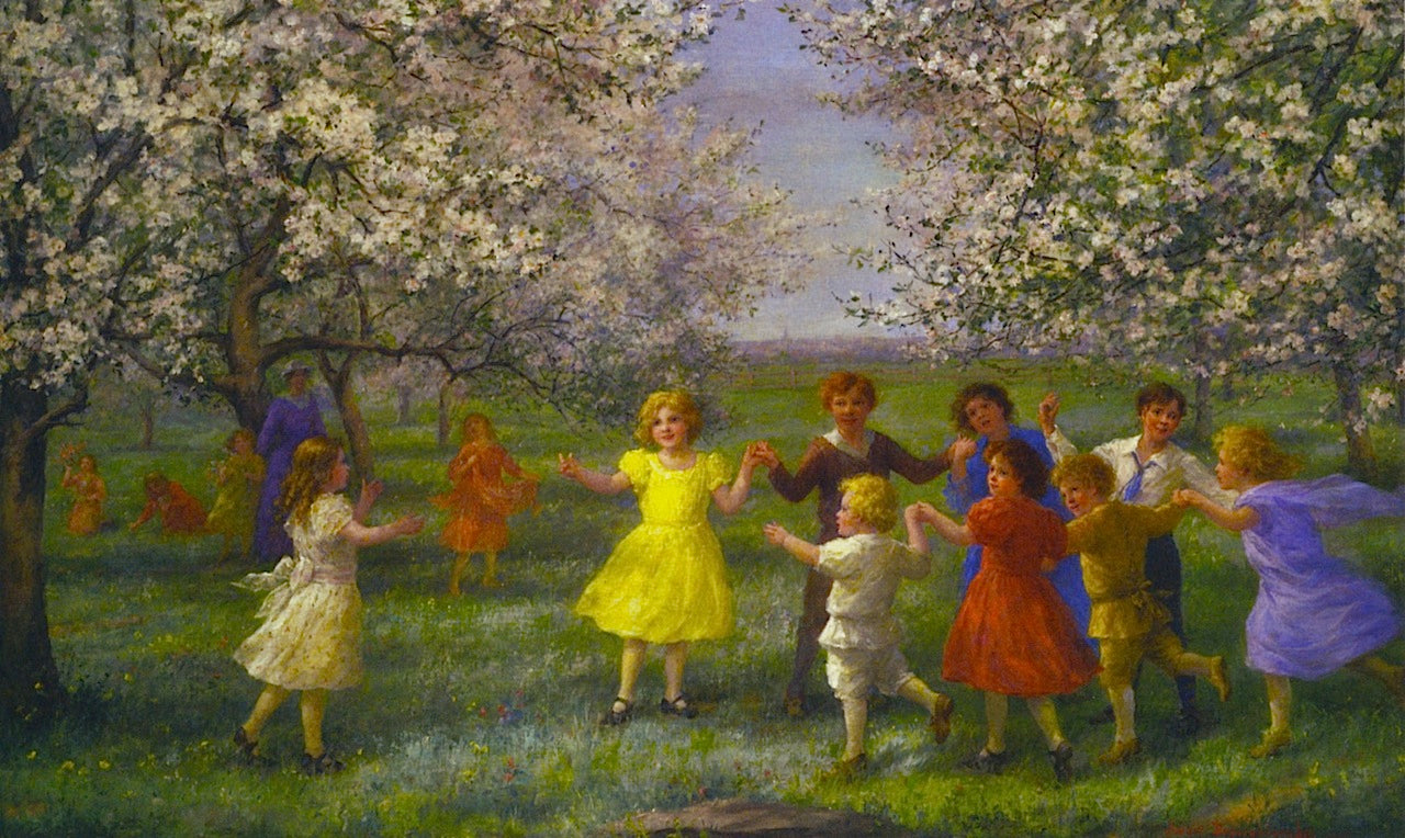 Children Playing in the Orchard, vintage artwork by Jennie Brownscombe, 12x8" (A4) Poster
