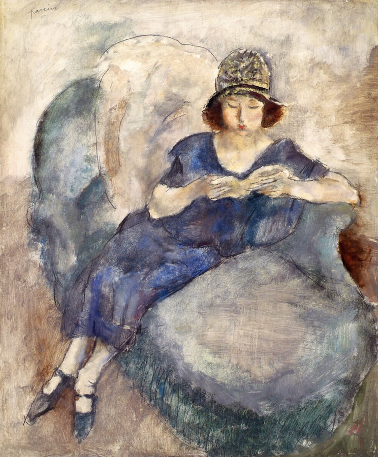 Girl in Blue Dress on Sofa, Reading by Jules Pascin,16x12(A3) Poster