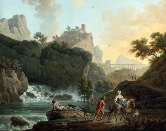 A Rocky Landscape with a Fisherman and Travellers by  a River with a Waterfall, vintage artwork by Claude-Joseph Vernet, 12x8" (A4) Poster