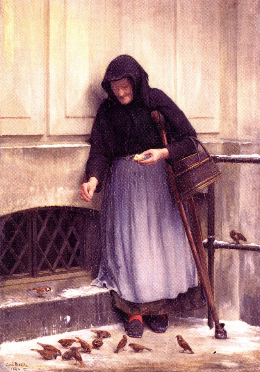 The Woman with the Sparrows, vintage artwork by Carl Heinrich Bloch, 12x8" (A4) Poster