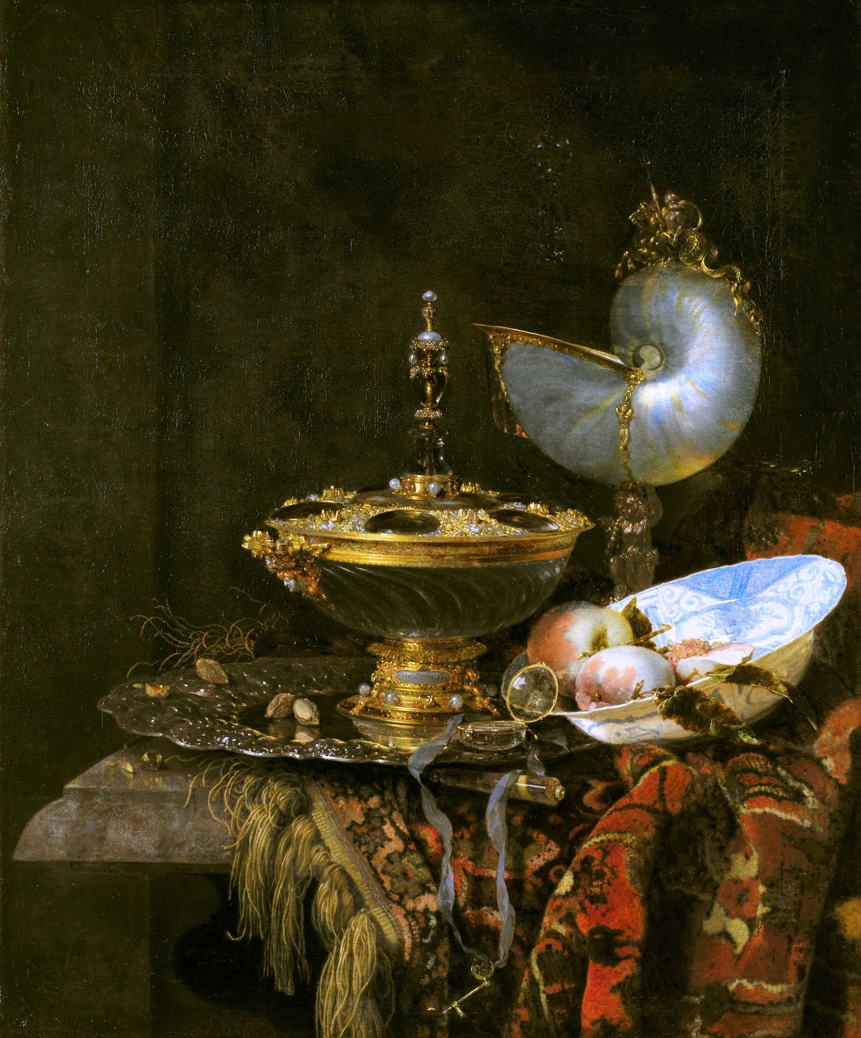 Pronk Still Life with Holbein Bowl, Nautilus Cup, Glass Goblet and Fruit Dish, vintage artwork by Willem Kalf, 12x8" (A4) Poster