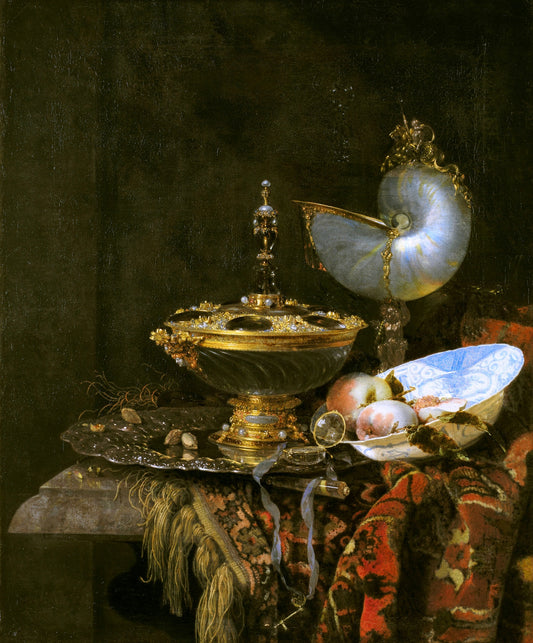 Pronk Still Life with Holbein Bowl, Nautilus Cup, Glass Goblet and Fruit Dish, vintage artwork by Willem Kalf, 12x8" (A4) Poster
