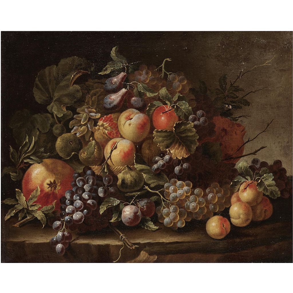 Still Life with Grapes, Apples, Plums, Peaches and Pomegranates on a Stone Ledge, vintage artwork by Carlo Manieri, 12x8" (A4) Poster