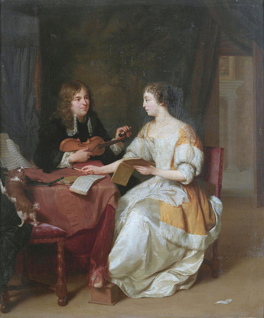 An elegant couple making music in an interior, vintage artwork by Jan Verkolje, 12x8" (A4) Poster