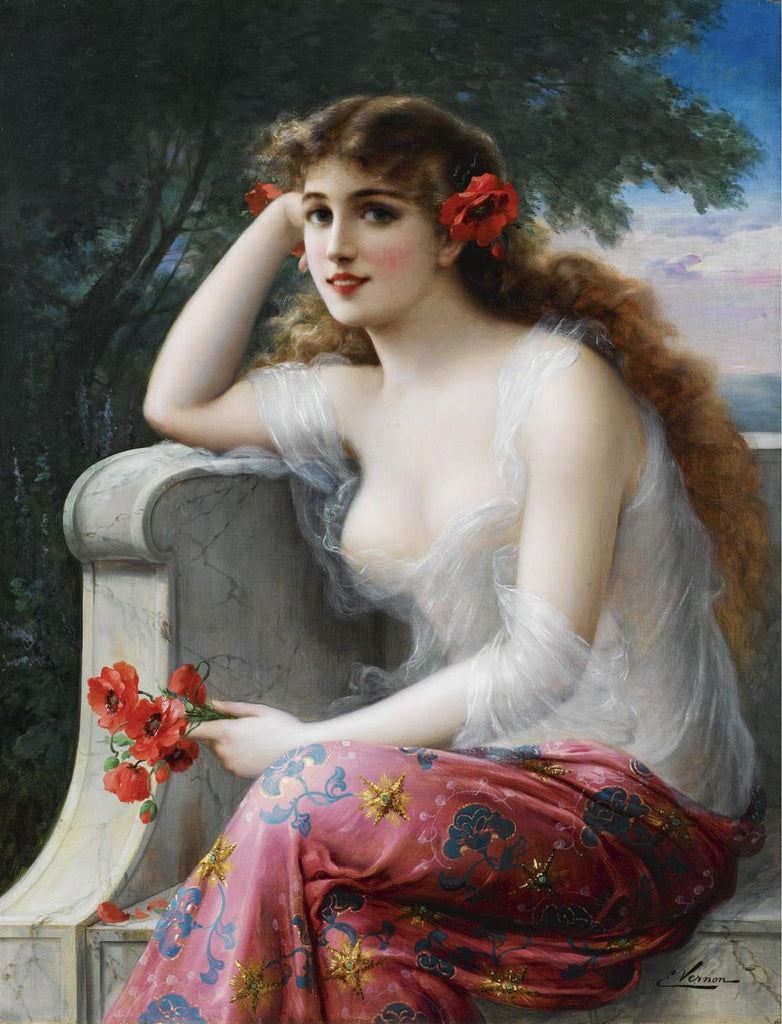 Young Beauty with Poppies by Emile Vernon,16x12(A3) Poster