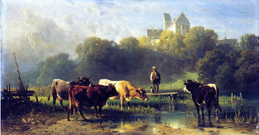 Cattle Watering at a Lake by  a Fisherman and His Dog, vintage artwork by Fredrich Johann Voltz, A3 (16x12") Poster Print