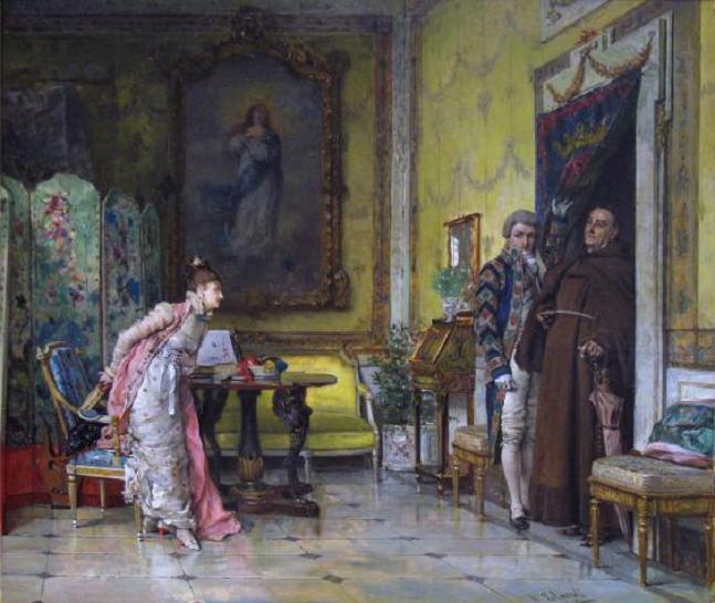The Interrupted Reading, vintage artwork by Vicente Palmaroli y Gonzalez, 12x8" (A4) Poster