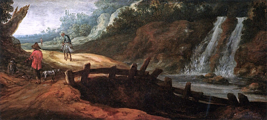 A Rocky Landscape with Figures on a Path, a Waterfall to the Right, vintage artwork by Pieter Jansz. van Asch, 12x8" (A4) Poster
