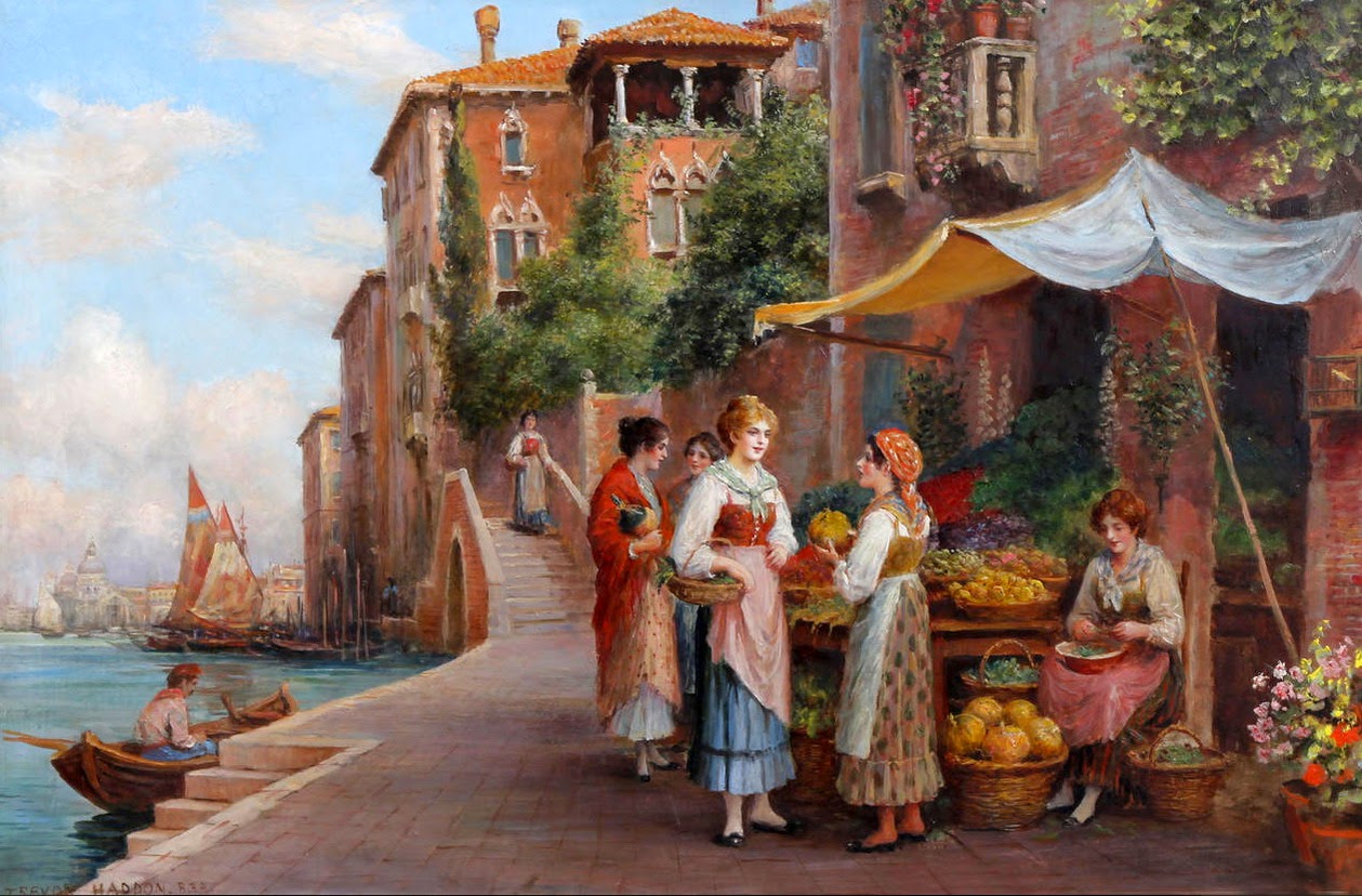 Venetian scene with female figures at a fruit stall, vintage artwork by Arthur Trevor Haddon, 12x8" (A4) Poster