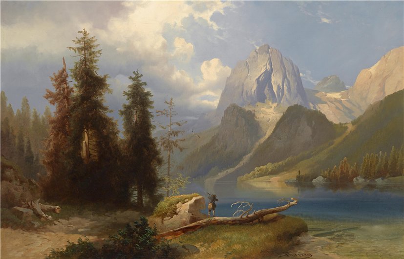 Hunter by  Mountain Lake, vintage artwork by Josef Thoma, 12x8" (A4) Poster