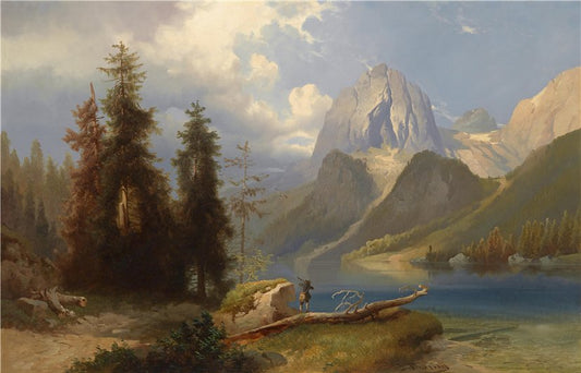 Hunter by  Mountain Lake, vintage artwork by Josef Thoma, 12x8" (A4) Poster