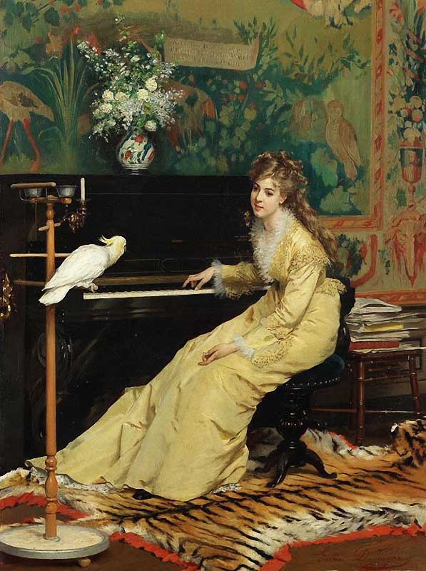 Woman At The Piano With A Cockatoo, vintage artwork by Gustave-Leonard de Jonghe, 12x8" (A4) Poster