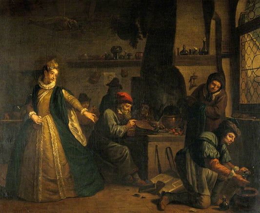 A Lady Visiting an Alchemist's Laboratory, vintage artwork by Jan Josef Horemans the Elder, 12x8" (A4) Poster