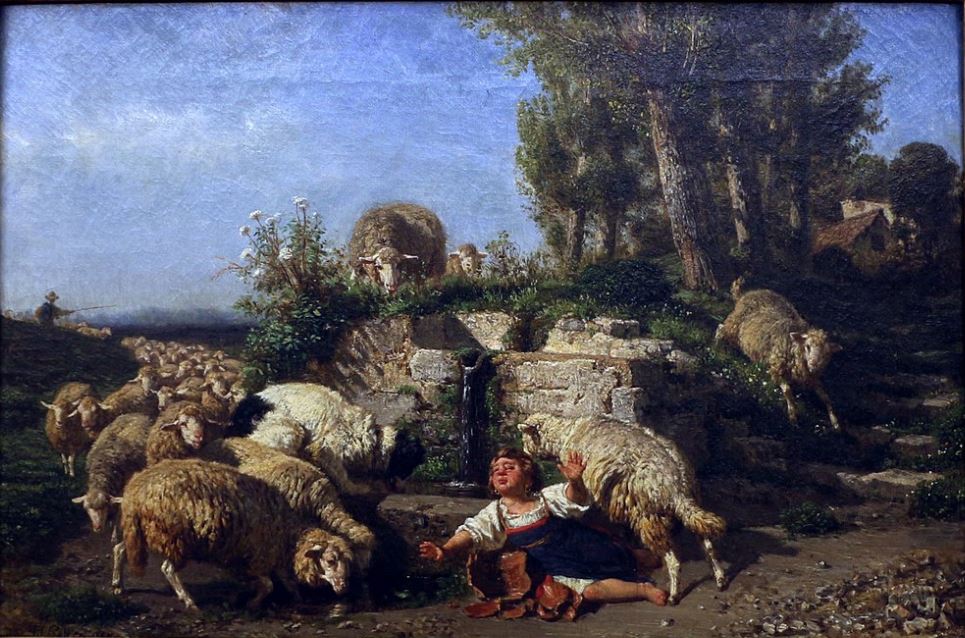 Lambs and Sheep at the Source, vintage artwork by Filippo Palizzi, A3 (16x12") Poster Print